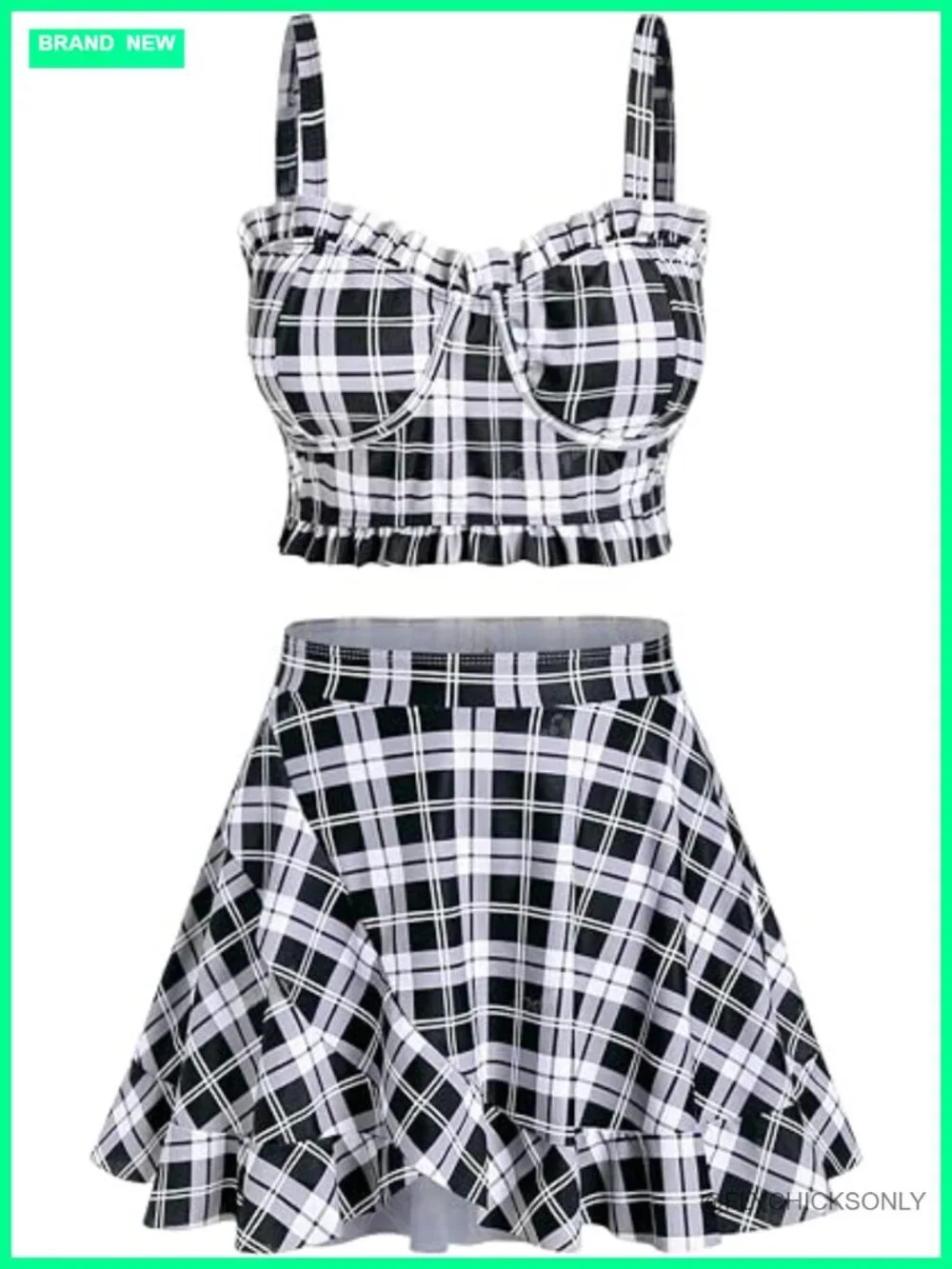 Plus Size Ruffles Flounce Padded Plaid Tankini Swimsuit Set